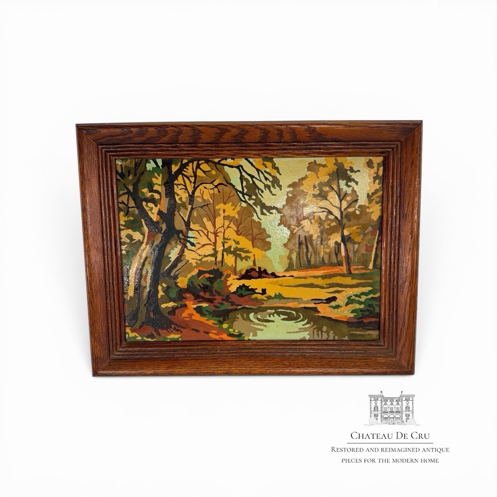 Paint By Numbers Forest Landscape Framed Painting Pond Scene Moody Autumn VTG